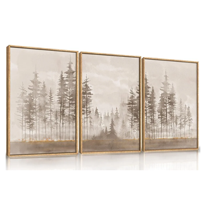 Beige Foggy Pine Tree Framed Canvas Wall Art Set,Modern Misty Forest Wall Decor,Nature Landscape Brown Art Print for Living Room,Bedroom-16 x24 x3