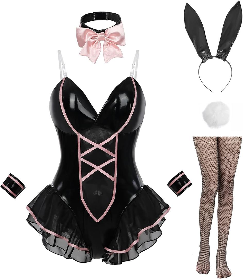 FCCAM Bunny Costume Adult Womens Bunny Girl Costume One Piece Bodysuit Halloween Cosplay (XX-Large, Black)