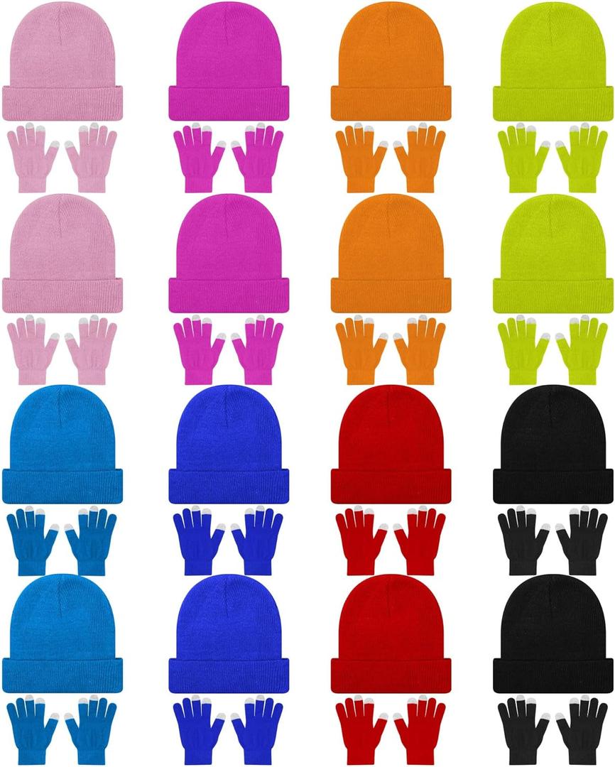 32 Pcs Winter Beanie Bulk and Gloves Set Knit Hat Touchscreen Gloves for Men Women Beanie Hat Stretchy Glove (Bright Colors)