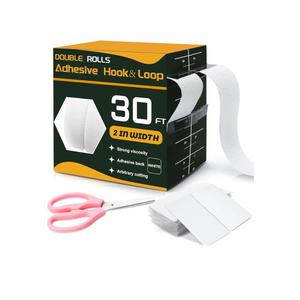 30 Ft×2 Inches Hook and Loop Tape Strong Viscosity Adhesive Back Arbitrary Cutting Sticky for Fabrics Nylon Self Adhesive Tape for Home Office School and Crafting 2 Rolls White and A Scissors (White)