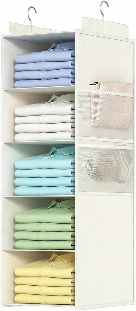 Extra Deep Hanging Closet Organizers and Storage, 5-Tier Closet Hanging Organizer with 4 Mesh Pockets, Heavy-Duty Closet Shelves for Clothes and Hats, Ideal for Dorms and RVs, 1-Pack, White