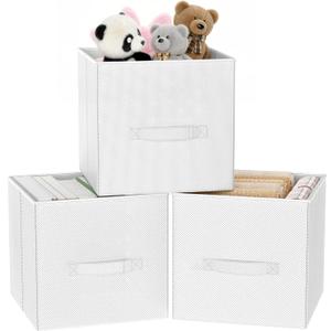 Fabric Storage Bins, Foldable Storage Cubes Baskets with Handle for Organizing, Collapsible Bins Cube Organizer Baskets for Closet, Shelves, Clothes, Towel (White, 3 Pack)