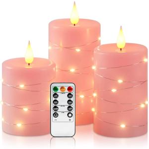 Amagic Flameless Candles with Embedded String Lights, 11-Key Remote & Timer, 3D Wick Real Wax Battery Operated Flickering Led Pillar Candles for Home, Lantern Decor, Set of 3, Pink