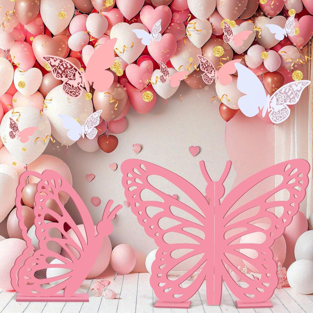 Yousoontic 2 Pcs Large Wooden Butterfly Props - 20" and 17.5" Standing Wings Cutout Backdrop Decoration for Birthday, Baby Shower, Wedding Party(Pink)