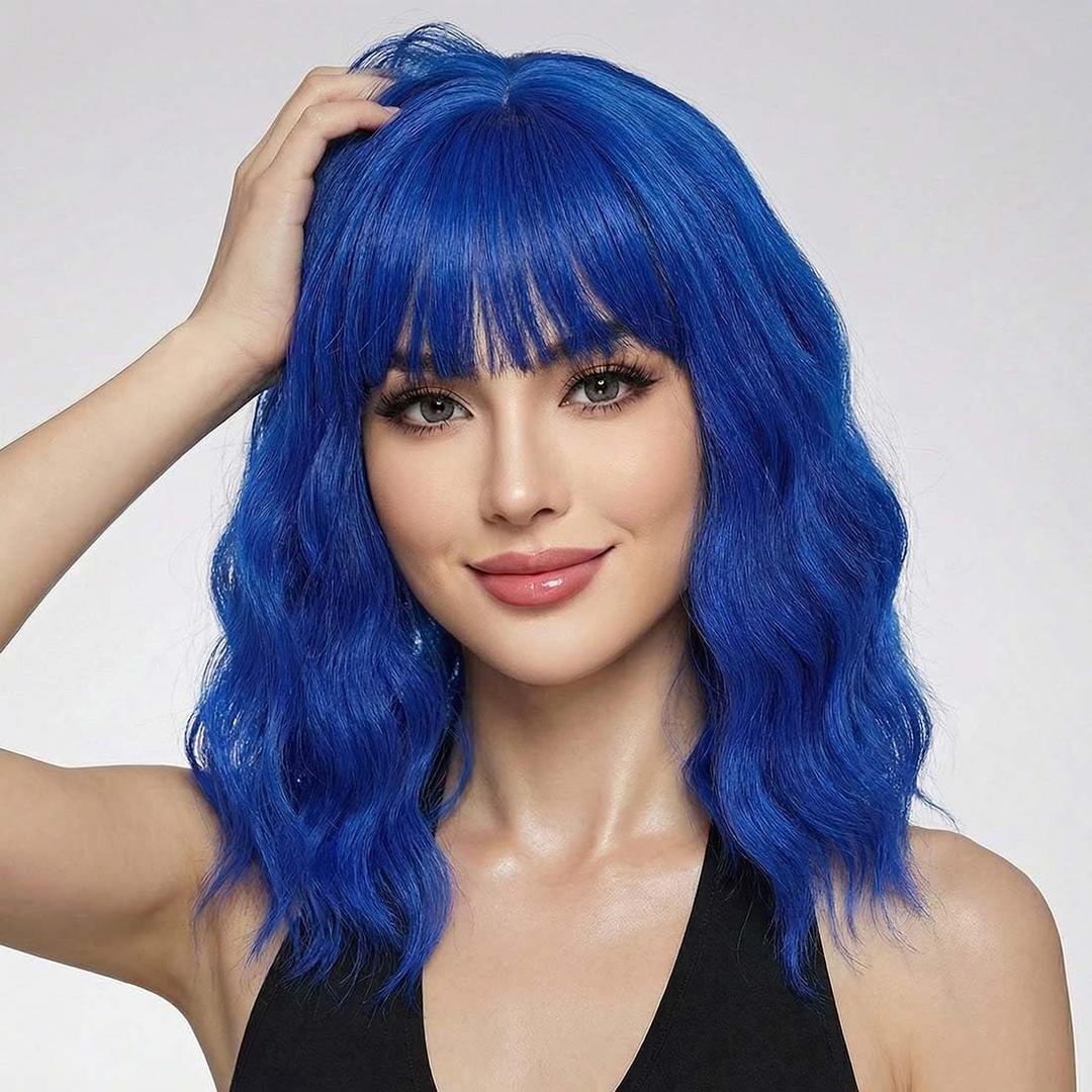 Pastel Blue Wavy Bob Wig for Women, Short Shoulder Length Synthetic Wig with Bangs, Natural Looking Lightweight Hairpiece for Daily Wear & Cosplay Costume Party