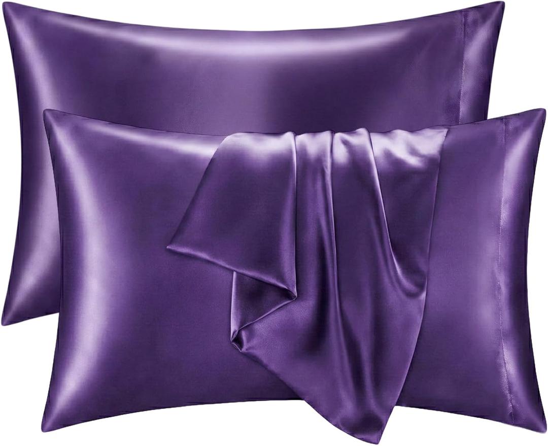 Q&J Fabric Co. Satin Pillowcase King, Purple Pillow Cases Set of 2, Smooth and Cooling Similar to Silk Pillowcases with Envelope Closure, King Size Pillow Covers for Hair Care, 20x36 Inch