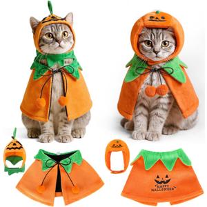 2 Sets Pet Pumpkin Costume Cat Halloween Cloak Hat Set for Dog Cat Halloween Costumes Pumpkin Hat for Dogs Puppy Poncho Small Medium Pets Cosplay (Cute)