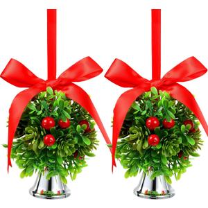 2 Pieces Christmas Mistletoe Hanging Balls Holiday Artificial Mistletoe Balls Xmas Kissing Ball Decorations with Bow Knots and Bells for Home Christmas Party Decor, 5 Inch (Red, Silver,Classic)
