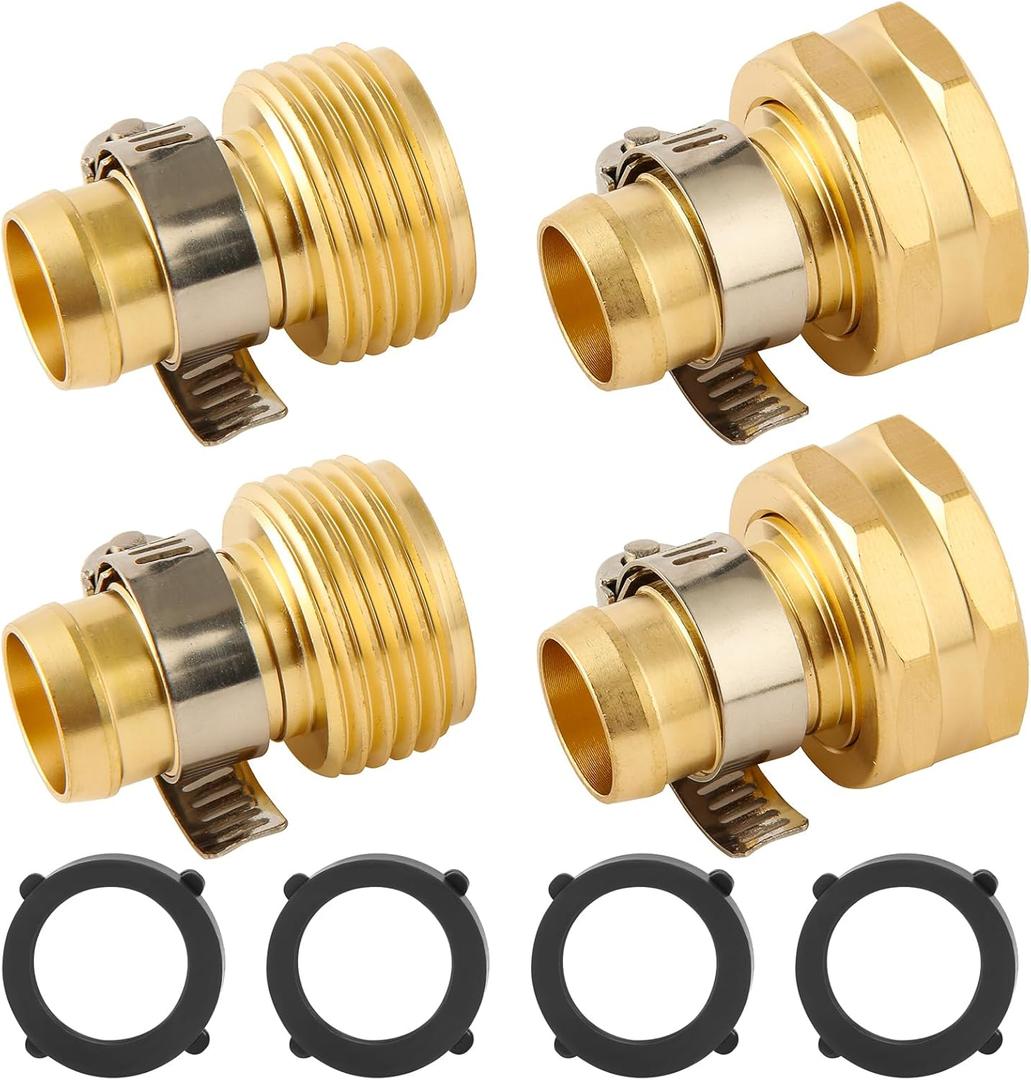 Brass Garden Hose Repair Connector with Clamps Hose End Repair Kit,Fit for 5/8"Garden Hose Fitting,Male and Female Hose Fittings,2-Set