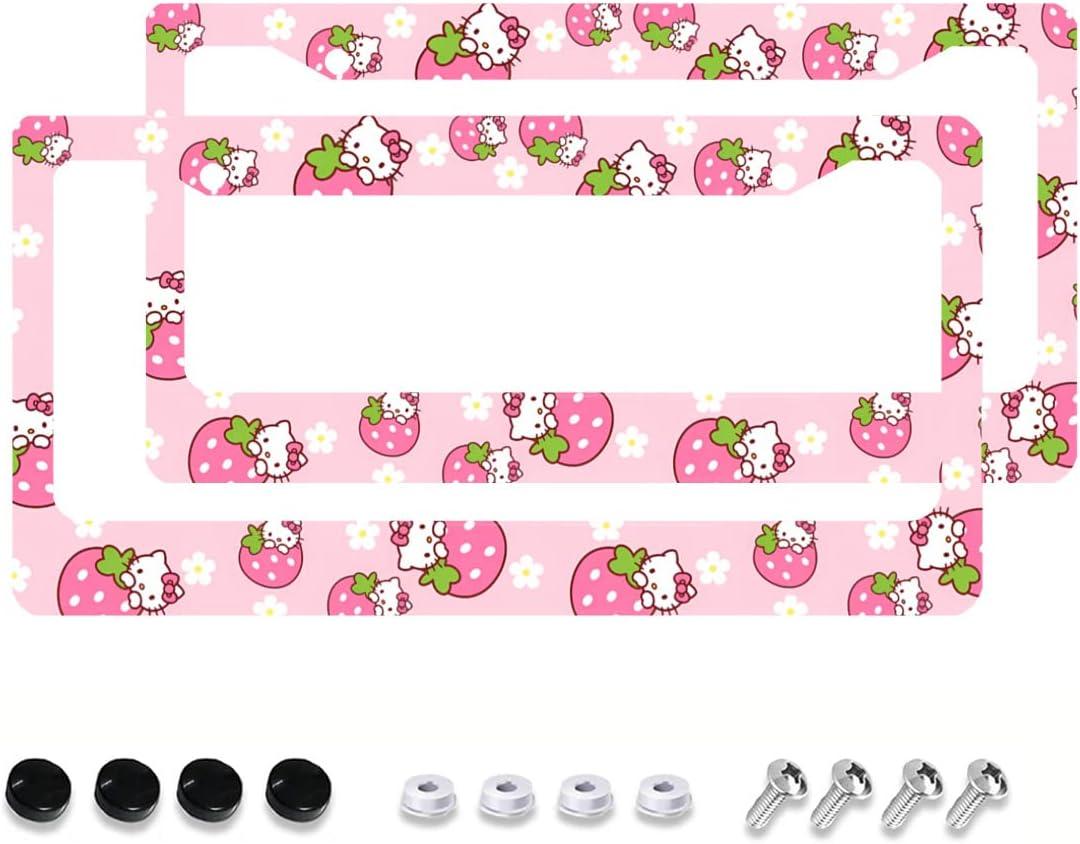 2 Pcs Pink License Plate Frame Women Cute Strawberry Cat Car License Plate Frames Kawaii Car Tag Cover Holder Universal Us Standard Vehicles Car Decor Accessories (One Size)