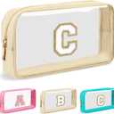 Personalized Initial Letter Clear Makeup Bag,Preppy Small Nylon&PVC Cosmetic Zipper Bag with Chenille Letter,Portable Beach Travel Skincare Toiletry Bag,Trendy Monogram Gift for Teen Girls Women,C
