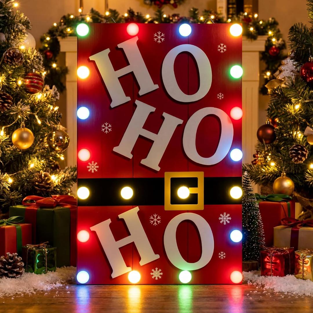 Aurelema 16'' Lighted Christmas Decorations Xmas HO HO Sign with LED String Lights Xmas Light Up Wooden Hanging Door Decor for Christmas Holiday Outdoor Indoor Party Decoration