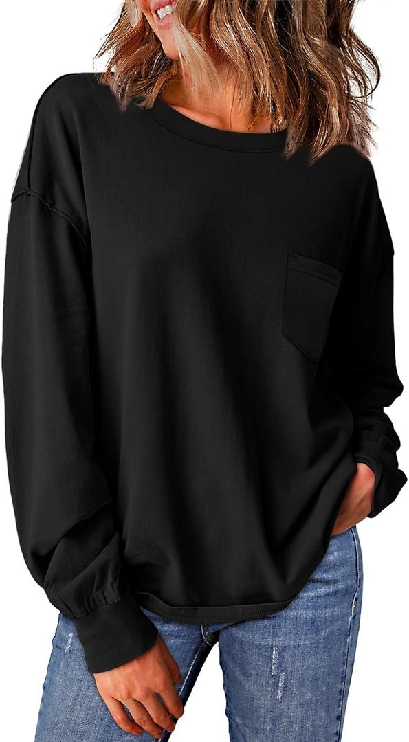 WIHOLL Womens Long Sleeve Shirts Fall Tops Casual Crewneck Loose with Pocket Trendy Clothes (Medium, Basic Black)