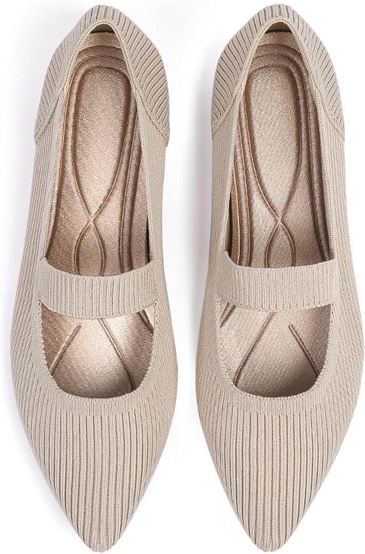 TINGRISE Women's Flats Shoes Pointed Toe Knit Washable Ballet Comfortable Dressy Mary Jane Flat Beige US10