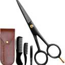 5'' Professional German Beard Scissors for Men- 2 Mustache Combs for Facial Hair with Beautiful Pouch & Tweezer - Mustache Scissors for Men Grooming, Cutting, Styling-Mustache Trimmer