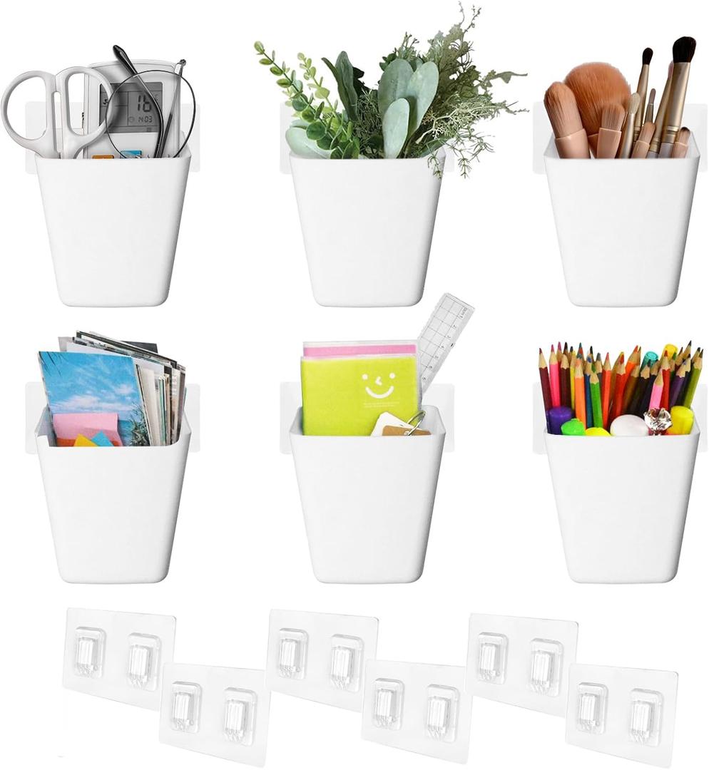Wall Caddy Pen Holders, 6 Pack Large Pencil Cups Organizer for Marker / Remote / Crayon / White Board Accessories, with Adhesive Stickers, Office Home Craft Class Kids Room Art Organization (White)