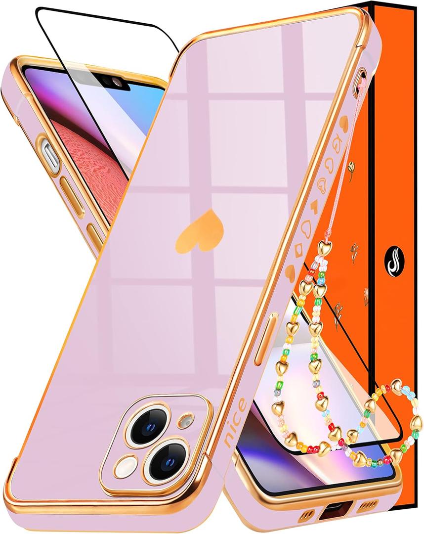 Likiyami (2in1 for Apple iPhone 14 Plus Case Heart Women Girls Girly Cute Luxury Pretty Aesthetic Trendy Phone Cases Purple Lavender and Gold Love Hearts Cover+Screen+Chain for iPhone 14 Plus 6.7"