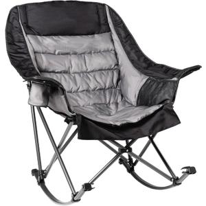 Oversized Rocking Camping Chair for Adults - 400lbs Capacity Padded Camp Chair with Cup Holder, Portable Foldable Outdoor Rocker Chair for Camping, Backyard, Patio (Black & Gray)