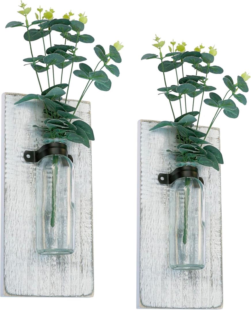 Zelura 2 Pack Wood Glass Wall Vases and Plants Artificial, Indoor Wood Hanging Vase, Modern Farmhouse Wall Decor for Bathroom Office and Living Room, Farmhouse Sconces Wall Decor (White)