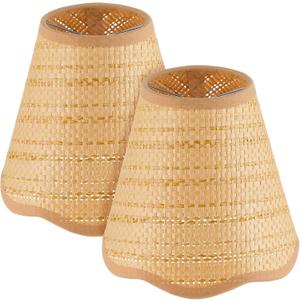 Glooglitter Small Clip-on Chandelier Rattan Lamps Set Shade Scalloped Lampshade 3"top x 6"bottom x 5-1/4"slant Height Empire Lamp Shade Chandelier or Accent Lamp(Woven,Boho,2 Pcs)