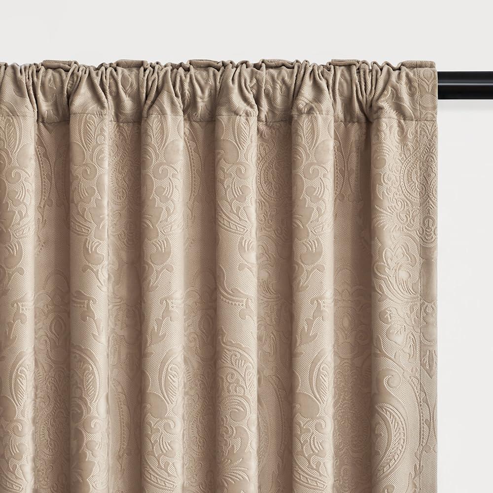 GIGIZAZA Beige Velvet Curtains 63 Inch Long for Living Room,2 Panels Luxury Vintage Drapes Floral Embossed Blackout Window Curtain Back Tab Thermal for Bedroom (Champagne)