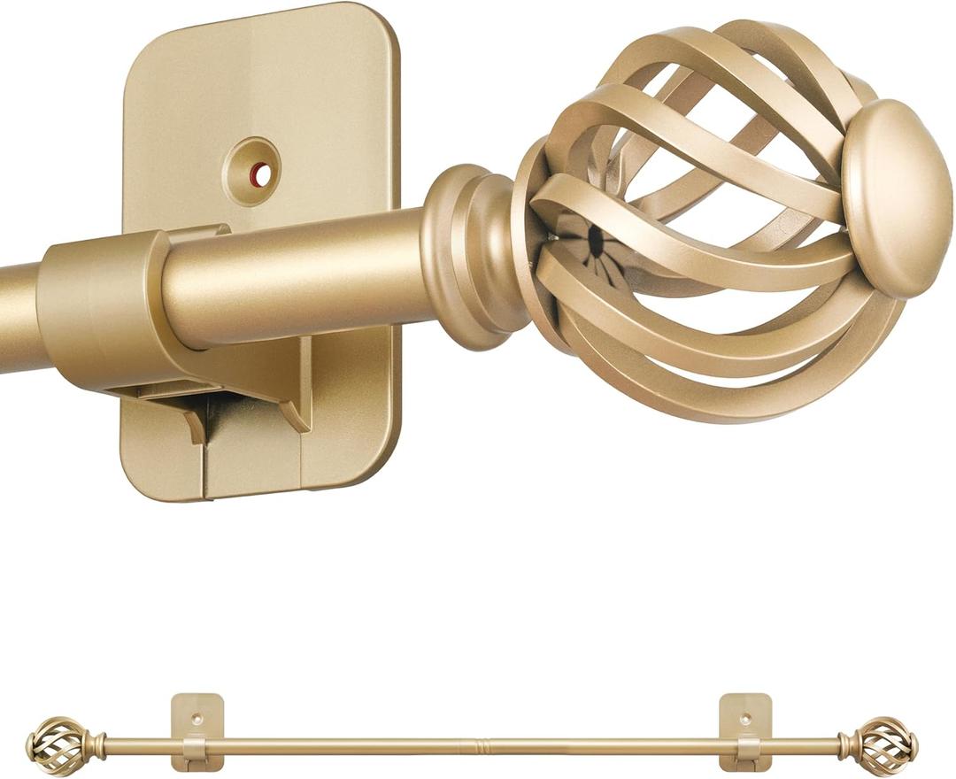 Curtain Rods No Drilling for Windows 28 to 48 Inch, 5/8 Inch Diameter Renter Friendly Gold Curtain Rod with 3M Adhesive Brackets for Bedroom/Apartment/Bathroom
