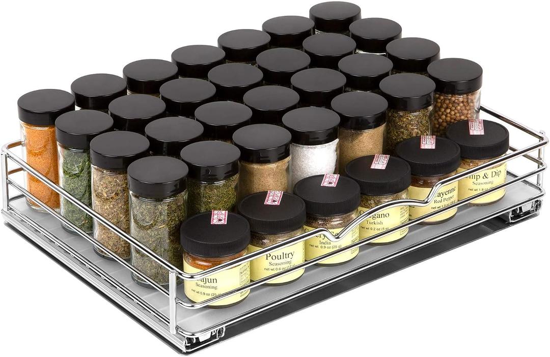 Pull-Out Cabinet Spice Rack Organizer - Slim Slide-Out Storage for Spices, Bottles & Jars, Premium Heavy-Duty Steel, Easy Install for Narrow Kitchen Cabinets - 14 W x 10 D x 2 H, Chrome