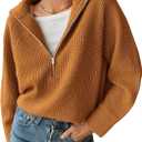 BTFBM Womens Sweaters Quarter Zip Pullover V Neck Collar Long Sleeve Ribbed Knit Loose Casual 2026 Winter Fall Sweater (Orange, S)