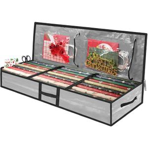 Christmas Gift Wrapping Paper Organizer Storage Bags,Plastic Container for Holiday Supplies & Accessories, Gift Bag Organizer, Under Bed Wrapping Paper Storage (Grey)