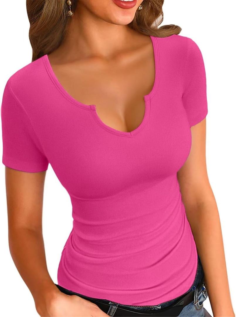 VICHYIE Womens Tops V Neck Summer Short Sleeve Casual Slim Fitted Tshirt (Small, Hot Pink)