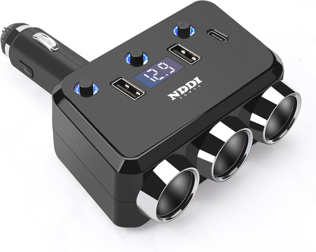 Cigarette Lighter Splitter, 12V/24V Vehicles Adapter Charger with QC 3.0A Dual USB and PD Type-C, Cigarette Lighter Adapter with LED Voltage Display and Independent Switch