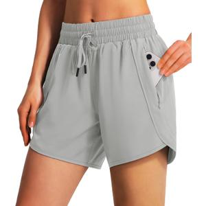 Ksmien Women's 5" Athletic Running Shorts Quick Dry Lightweight Workout Gym Shorts with Zipper Pockets UPF 50+ (XL, Bright Grey)