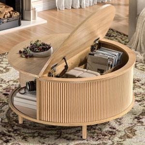 Round Coffee Table, 31.5" Fluted Center Table with Storage, Lift-Top Coffee Table with Adjustable Footpads, Sliding Door, Mid-Century Modern Center Table for Living Room, Small Space (Nature), Round, 31.5-inch Diameter, 17.7-inch Height