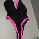 Color Block Swimsuit, Plunge V Neck High Cut, Pool Party Vacation, Sexy Backless One Piece Bathing Suit Cheeky (Black Neon Pink)