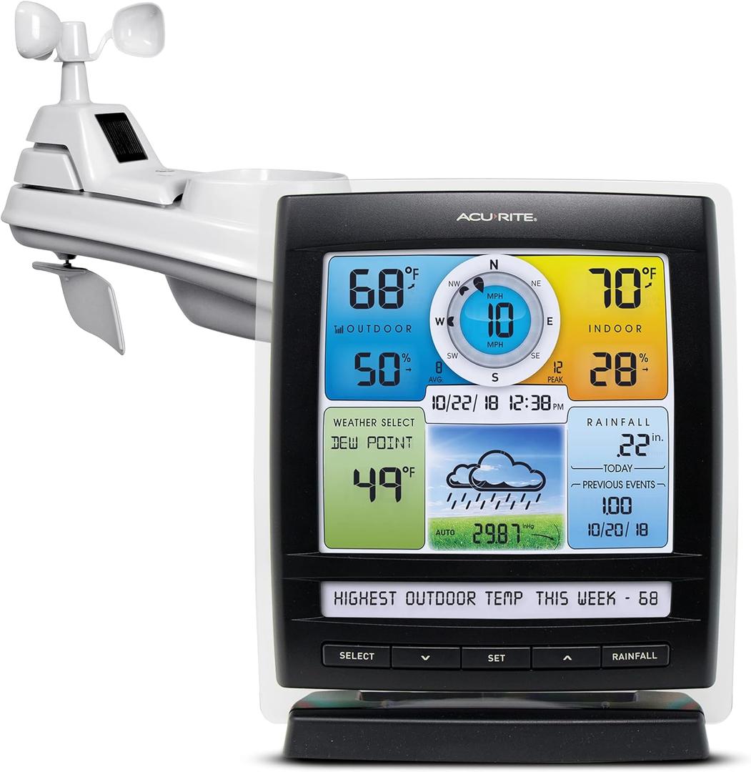 AcuRite Iris (5-in-1) Indoor/Outdoor Wireless Weather Station for Indoor and Outdoor Temperature and Humidity, Wind Speed and Direction, and Rainfall with Digital Display (01512M) (Color Screen)