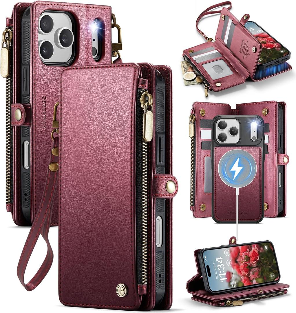 Defencase for iPhone 17 Pro Max Magnetic Wallet Case Compatible with Magsafe with RFID Blocking Zipper & Card Holder for Women Men PU Leather Strap Detachable Case for iPhone 17 Pro Max 6.9", Wine Red