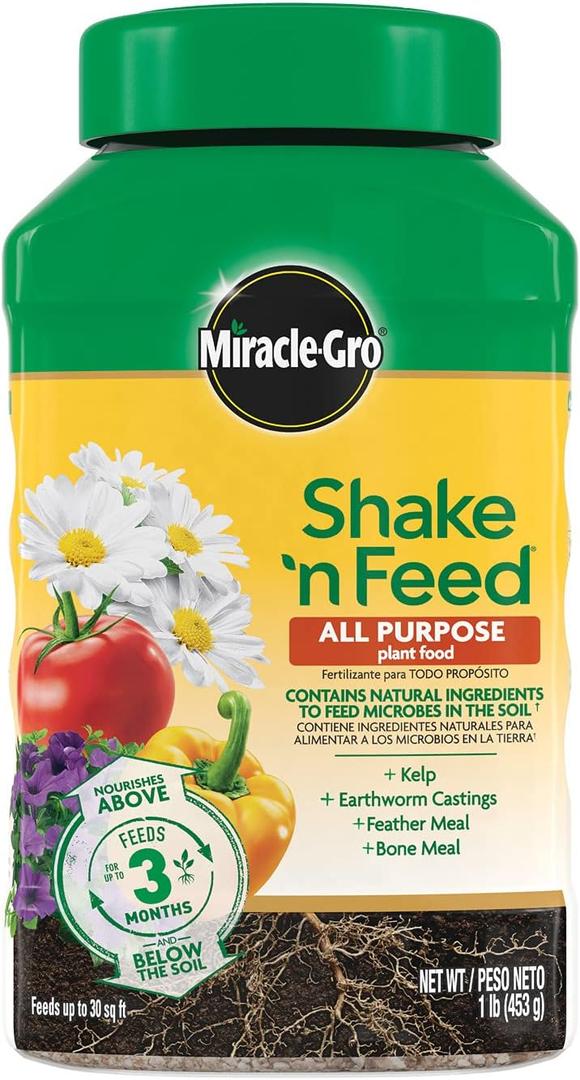 Miracle-Gro Shake 'N Feed All Purpose Plant Food - Outdoor and Indoor Plant Food for In-Ground and Containers, Feeds for up to 3 Months, 1 lb.
