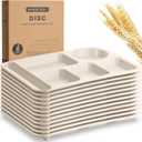 Pinkunn 12 Pcs 14'' Large Divided Plates Unbreakable Wheat Straw Lunch Trays 6 Compartments Cafeteria Trays Microwave Dishwasher Safe Food Separator Plates (Beige)