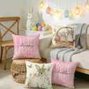Amandir Easter Pillow Covers 18x18 Inch Set of 4, Easter Decorations Bunny Rabbit Pink Covers Floral Eggs Spring Cushion Case Throw Pillow for Sofa Couch Living Room Bed Holiday Home Decor