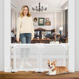 No Screw Free Standing Dog Gate Indoor 2 Panel 24" Tall x 40" Wide Portable Mesh Baby Gate with Strong Suction Cup Folding Puppy Gates for Doorways Mesh Pet Gates for Doorways No Drilling Dog Barrier (White)