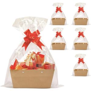Kraft Empty Gift Baskets Kit - 5 Baskets, 5 Bags, 5 Bows - For Wedding, Birthday, Party, Holiday (Brown)