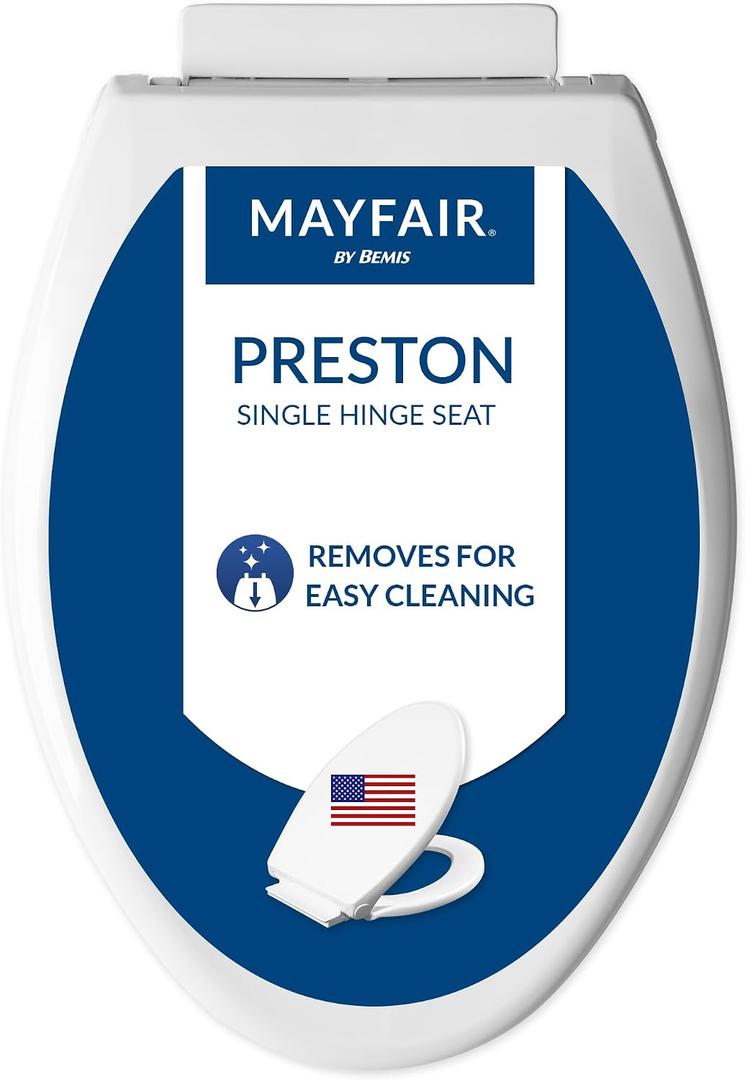 Mayfair Preston Easy to Clean Single Hinge Toilet Seat, Modern Slow Close Plastic Toilet Seat, Made in USA, Elongated, White