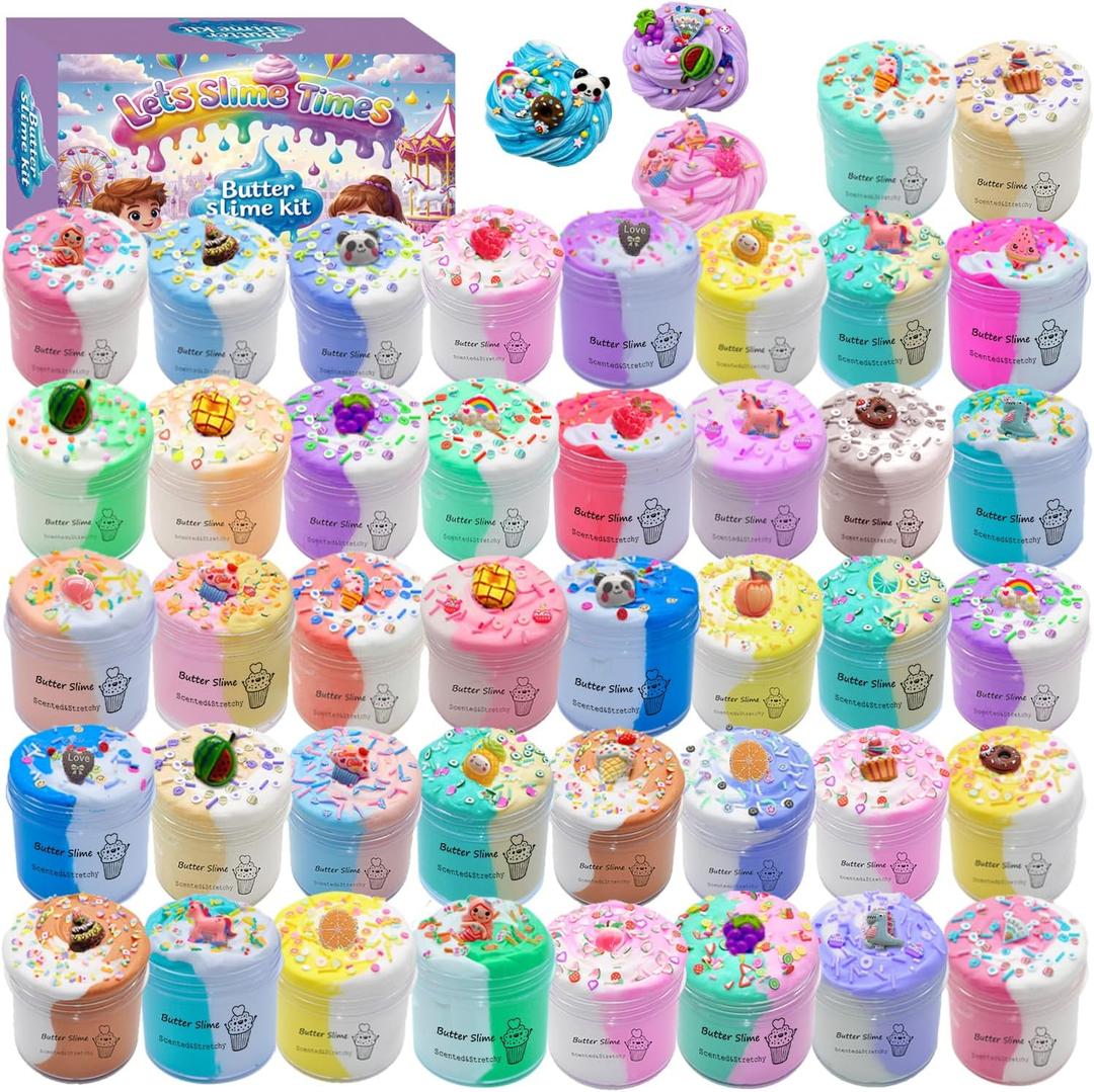 Butter Slime Kit with Multiple Colors, 42 Packed Slimes with 24 Decorative Toppings, Sprinkles, Craft Toy, Party Favors for Kids, Gift for Girl and Boys 6 7 8 9 10 11 12