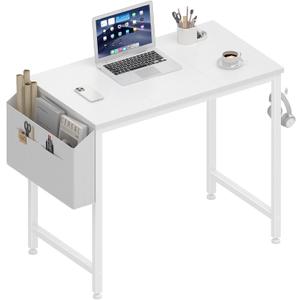 Lufeiya Small White Desk for Small Spaces, 32 Inch Kids Girls Study Writing Desks for Bedroom, Simple Modern Laptop PC Little Side Table with Storage Bag Headphone Hook, White