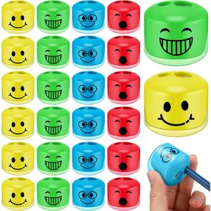 Crtiin 24 Pcs Pencil Sharpeners for Kids Classroom Cartoon Smile Small Pencil Sharpener Handheld Manual Dual Holes Gifts for School Office Art Room