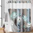 Nesphy No Hook Rustic Farmhouse Shower Curtain with Snap in Fabric Liner Set, Teal Daisy Flowers and Butterfly on Wooden Double Layers Waterproof with See Through Top Bath Curtain 71x74 Inch