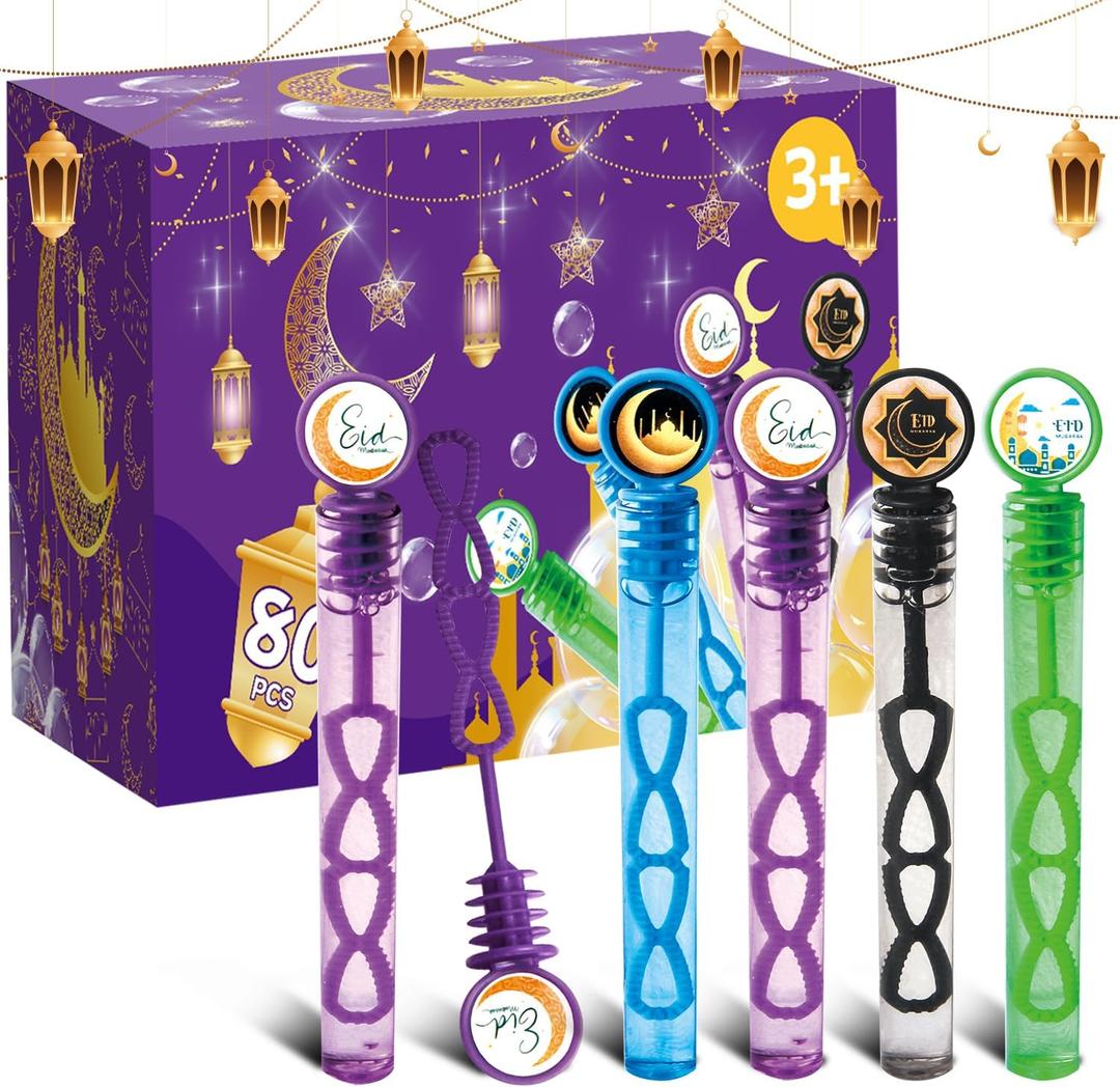 80Pcs Eid/Ramadan Mubarak Bubble Wands, Mini Bubble Wands for Eid Party Favors, Islamic Gift Toys for Girls Boys Kids Toddler Adults, Party Bag Stuffers Goodie Bag Filler, Classroom Prizes