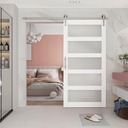 BARNSMITH 48in x 96in Glass Barn Door and 8FT Nickle Sliding Door Hardware Included, 5-Panel Sliding Barn Door, Solid Wood Covered with Water-Proof PVC Surface, Easy Assembly, White