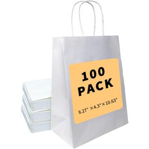 BAG BOX 100 Pack 8.25x4.3x10.6 Inch White Gift Bags with Handles,Bulk Kraft Paper Bags for Shopping, Retail, Merchandise, Wedding, Party Favors, Paper Grocery Sacks