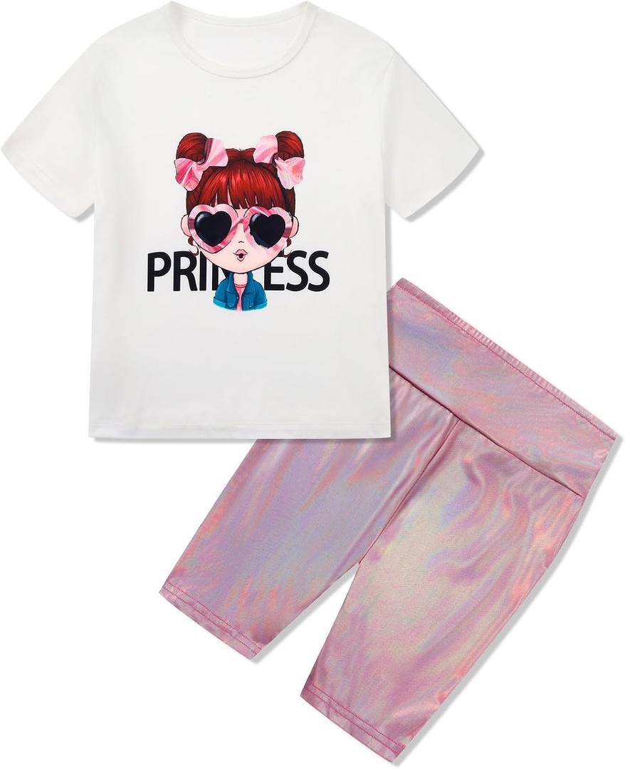 Girls Summer Outfits Cute Graphic Crewneck Short Sleeve T Shirts and Biker Shorts Set Colorful Athletic Outfit 4-12T (White)